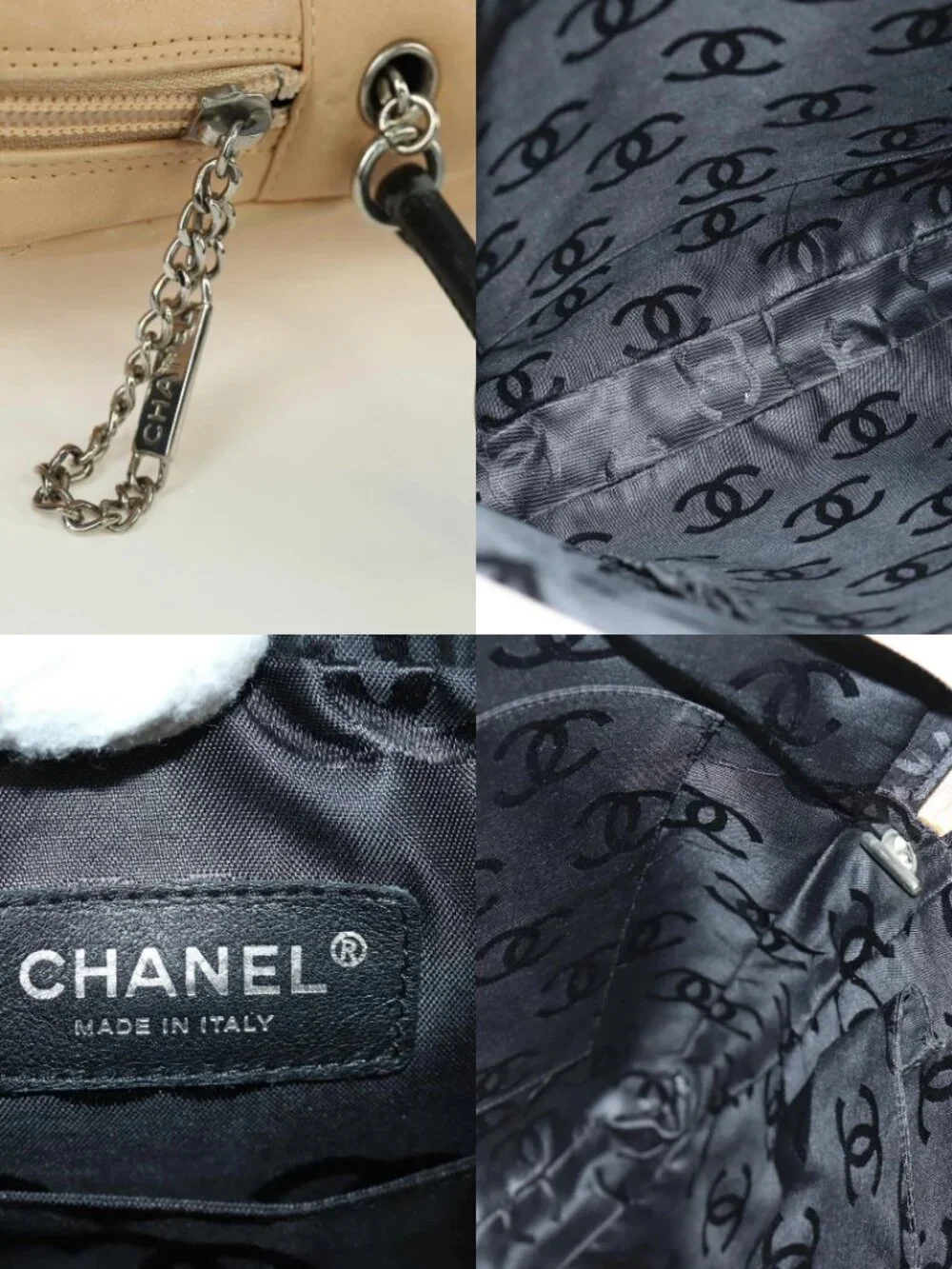CHANEL Cambon Line Matelasse Shoulder Bag Lamb Skin Beige Black CC Auth am10849V